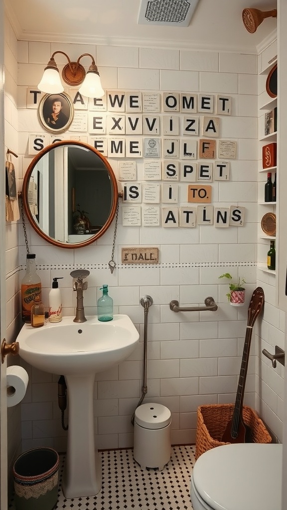 A small vintage-themed bathroom with a lettered wall, round mirror, and warm lighting.