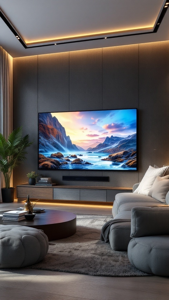 A modern living room featuring a luxury TV wall design with an interactive display, cozy furniture, and warm lighting.