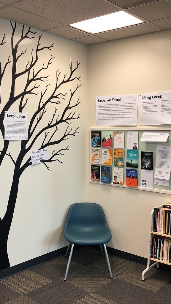 A cozy classroom reading corner with an interactive reading wall featuring a tree design, book recommendations, and a chair.