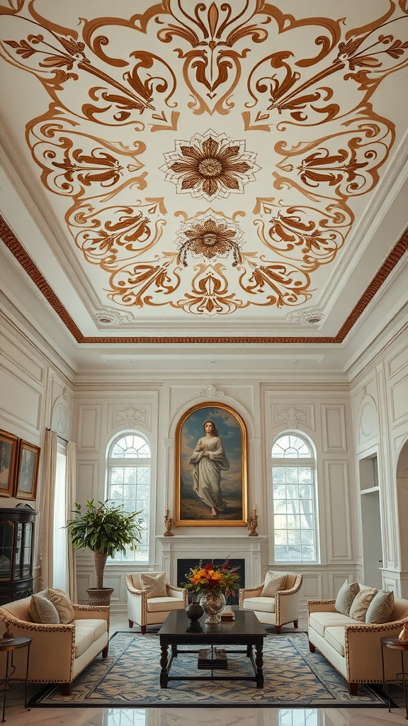 Luxurious living room with an intricate gold-painted ceiling and elegant furnishings.