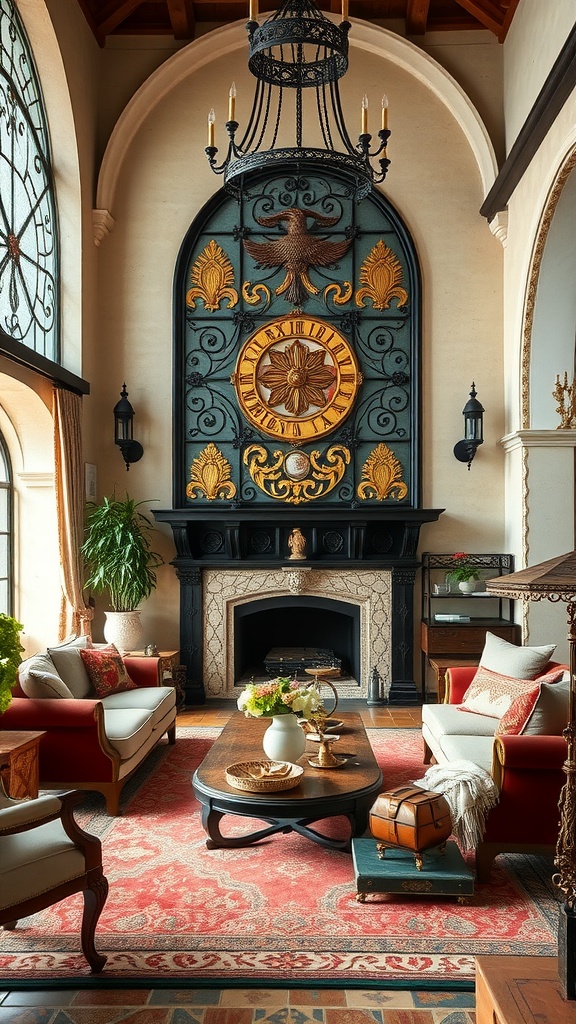A cozy lounge featuring intricate ironwork, a large clock, plush furniture, and warm tones.