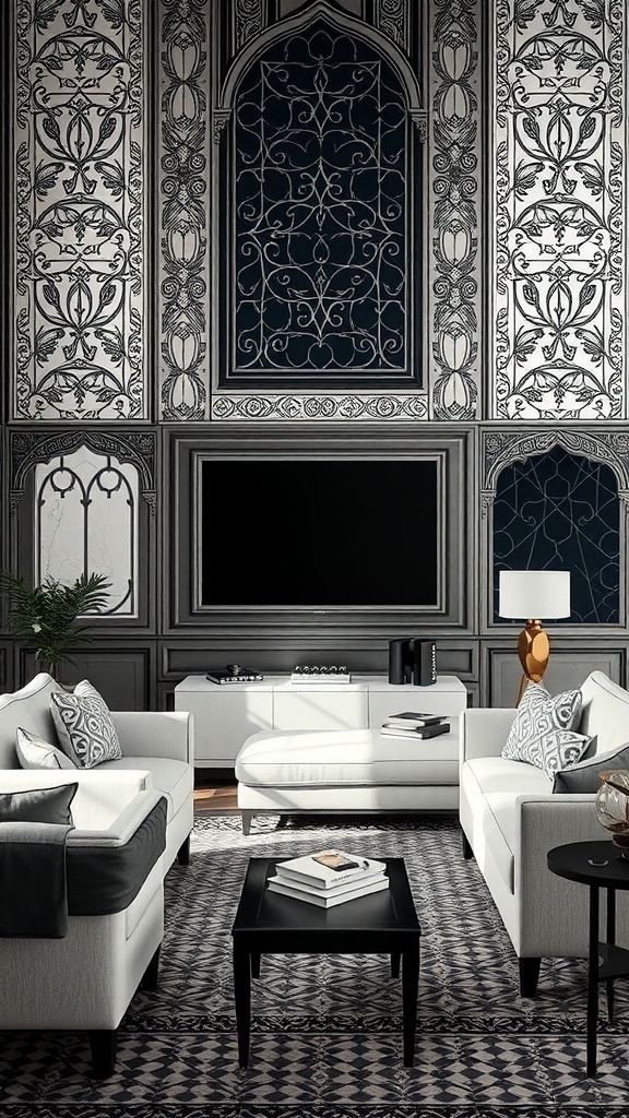 A living room featuring Gothic patterned wallpaper, modern white furniture, and a minimalistic decor.
