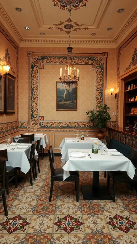 Luxurious Italian dining room featuring intricate tile work and ornate decor