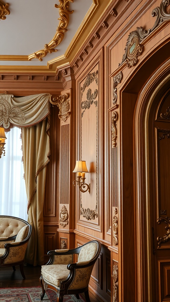 An opulent living room showcasing intricate woodwork and moldings with elegant furniture.