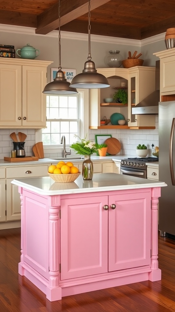 A pink kitchen island with oranges on top, surrounded by light cabinets and warm flooring.