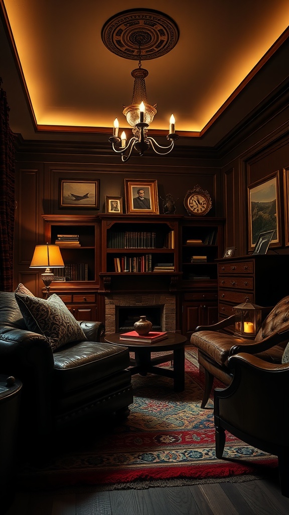 A dark academia style bedroom featuring leather furniture, warm lighting, and wooden bookshelves