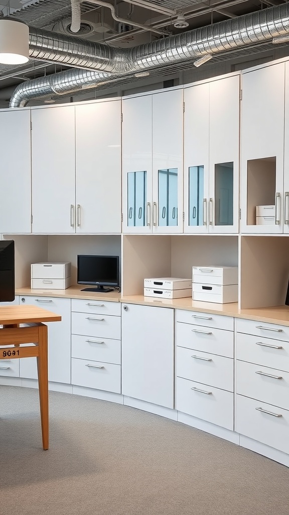 Modern home office storage solution with sleek cabinets and organized drawers.
