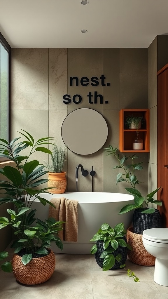 A serene bathroom featuring earthy green plants, soft brown tones, and a cozy atmosphere.