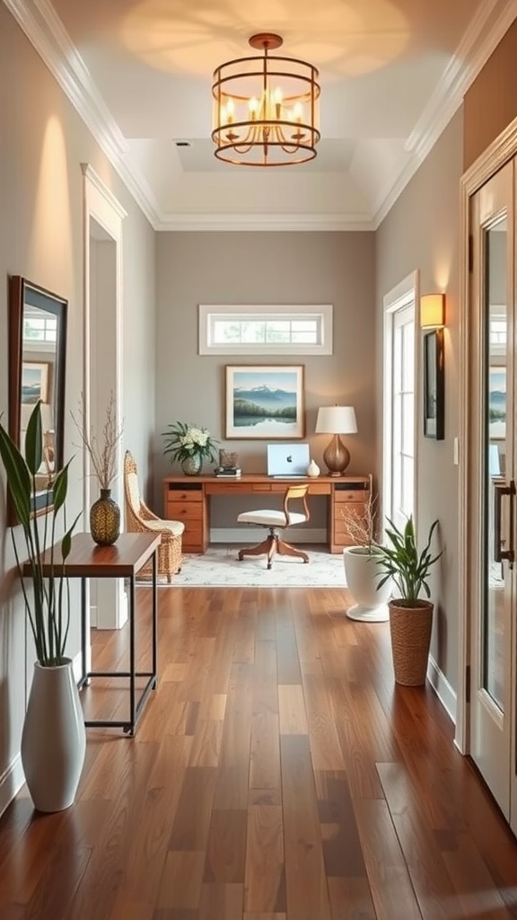 An inviting entryway leading to a cozy home office, featuring warm lighting, wooden floors, and decorative plants.