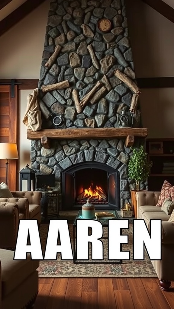 A cozy living room featuring a large stone fireplace with a fire burning inside, surrounded by comfortable seating.