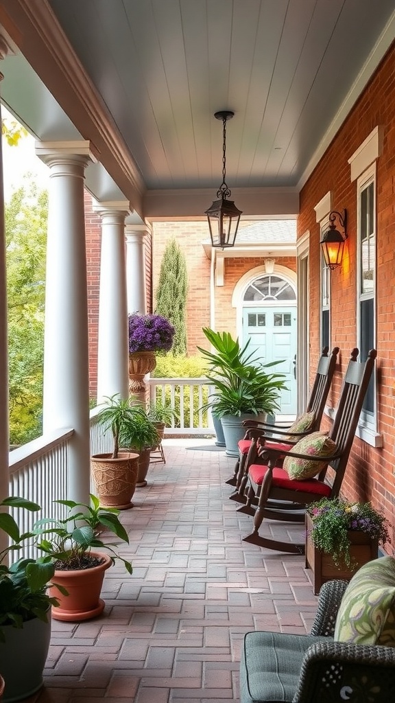 A charming front porch with rocking chairs, vibrant plants, and a cozy atmosphere.