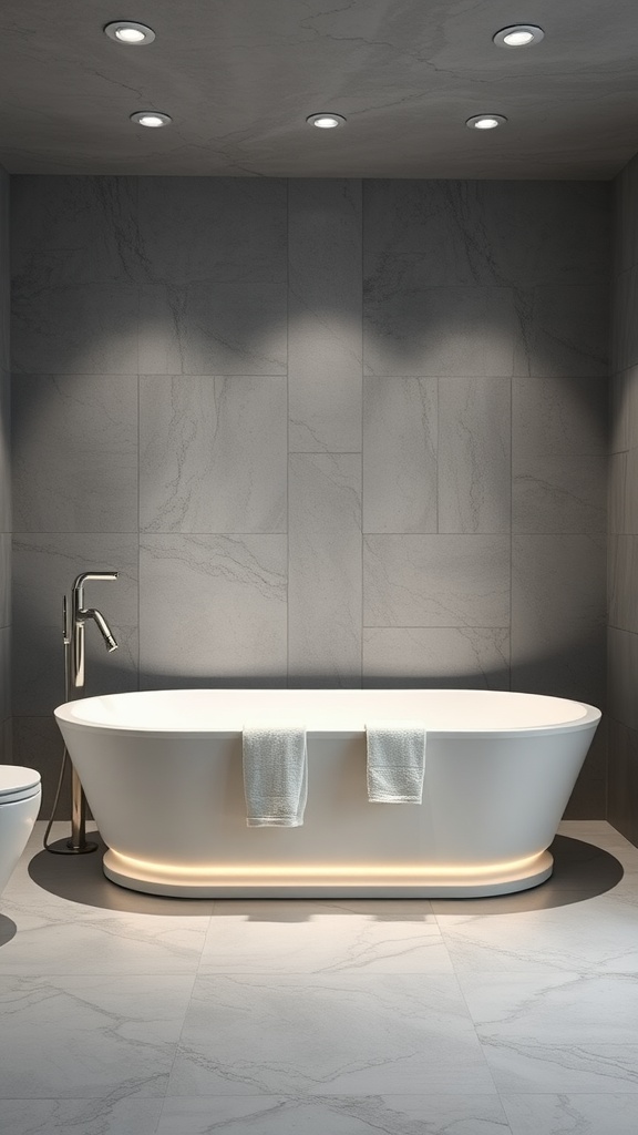 A modern gray and white bathroom featuring an elegant oval bathtub with soft lighting underneath, gray walls, and a sleek faucet.