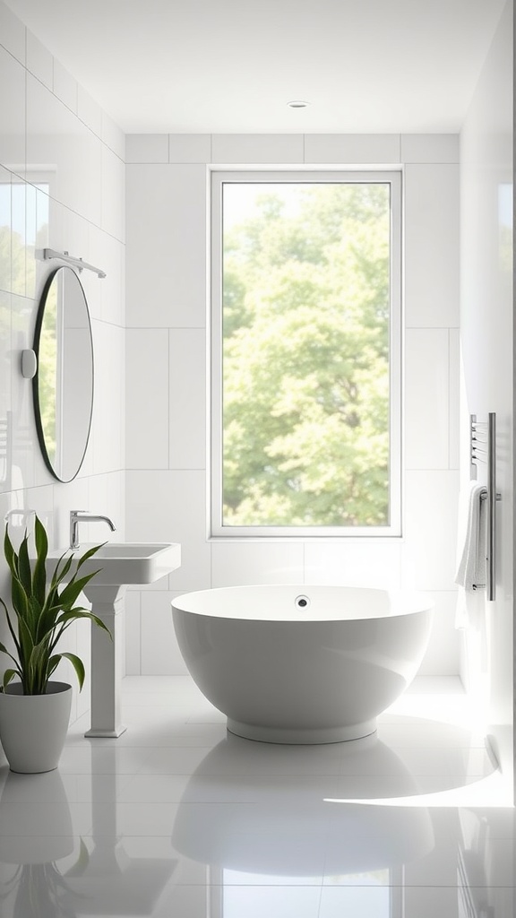 A modern gray and white bathroom with a large window letting in natural light, showcasing a sleek bathtub, sink, and a green plant.