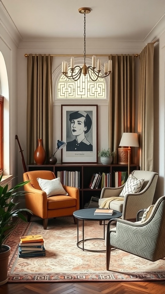 Cozy reading nook with Art Deco and contemporary style elements, featuring orange armchair, bookshelves, and elegant decor.