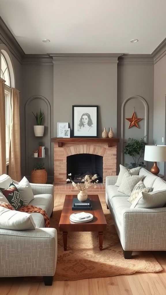 A cozy living room with soft gray walls, a brick fireplace, and inviting furniture.