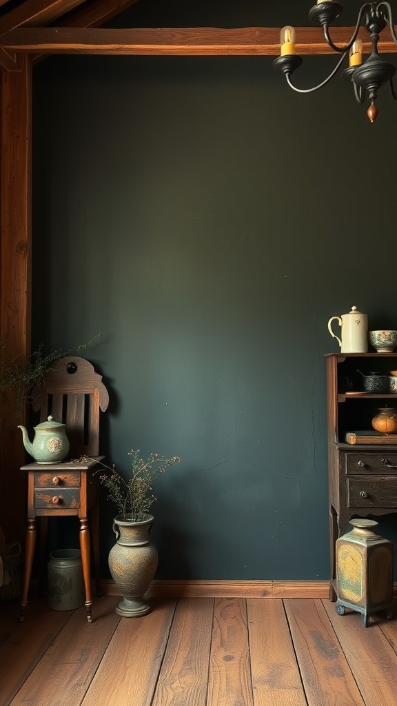 A cozy room featuring Iron Ore painted walls, wooden flooring, and rustic furniture.