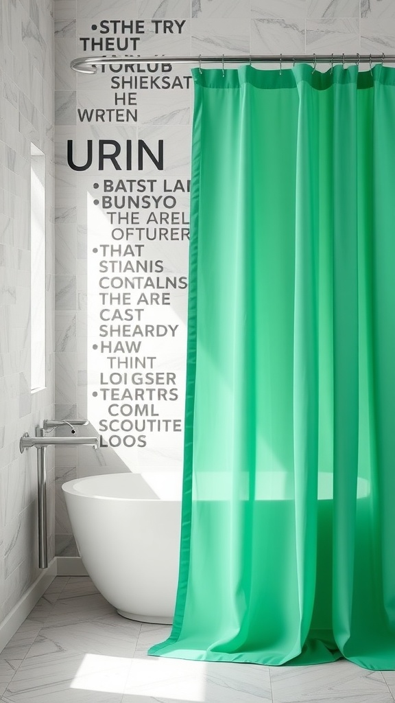 A jade green shower curtain in a modern bathroom with a white bathtub and silver fixtures.