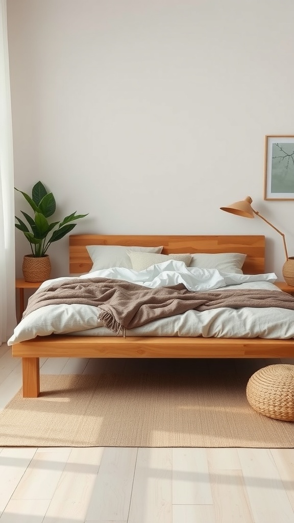 A cozy bedroom featuring Japanese-style bedding, wooden furniture, and natural elements