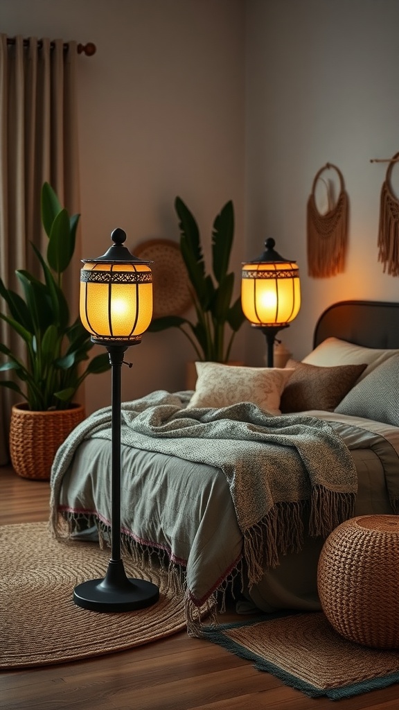 Cozy bedroom with Japanese lantern floor lamps and boho decor