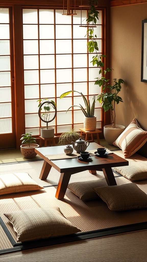 A cozy Japanese tea corner with a low wooden table, cushions, and plants.