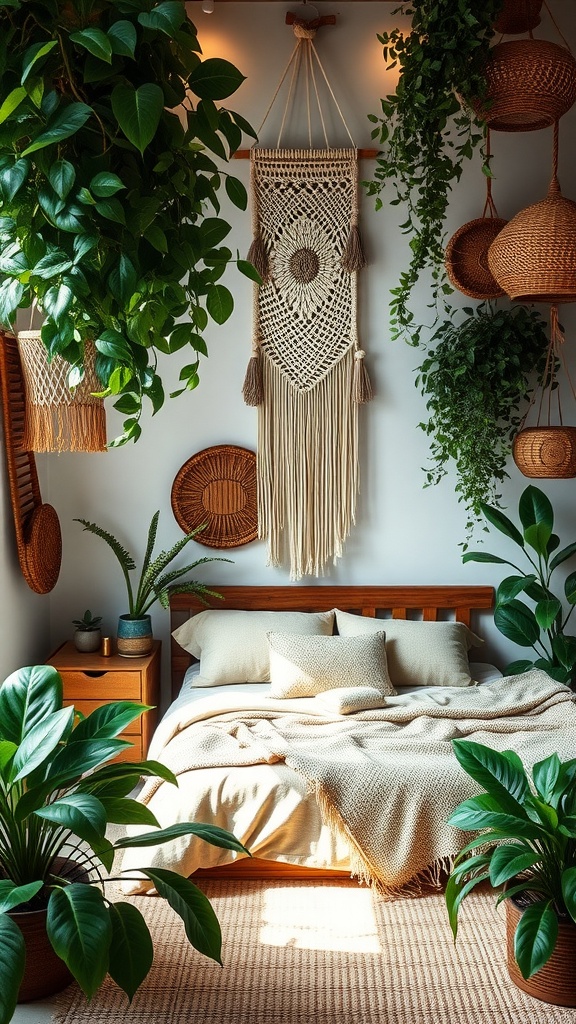 A cozy jungle-inspired boho bedroom with greenery, macramé wall art, and natural textures.