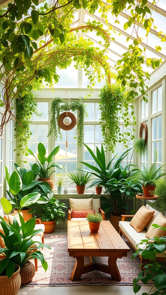 A Boho style sunroom filled with various plants, wooden furniture, and natural light.