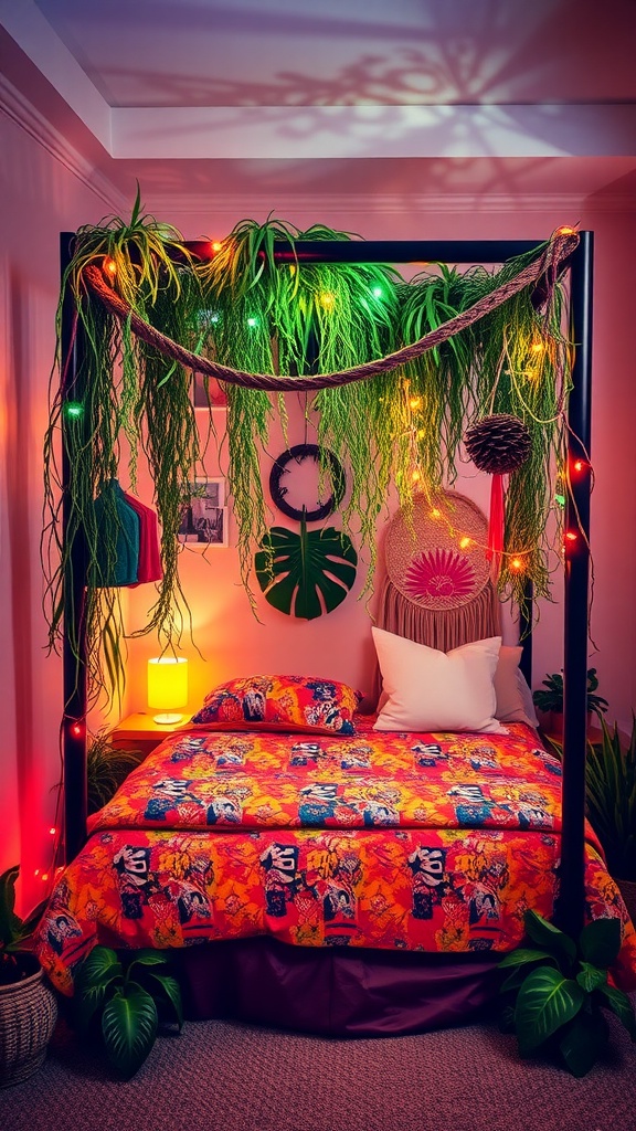 A cozy jungle-themed bedroom corner with a canopy bed, bright bedding, hanging plants, and colorful lights.