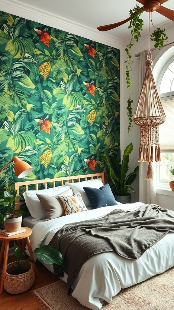 A cozy bedroom featuring jungle leaf wallpaper, a wooden bed, and plants.