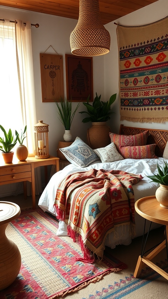 A bohemian style bedroom featuring a kilim throw on the bed with vibrant patterns and earthy tones.