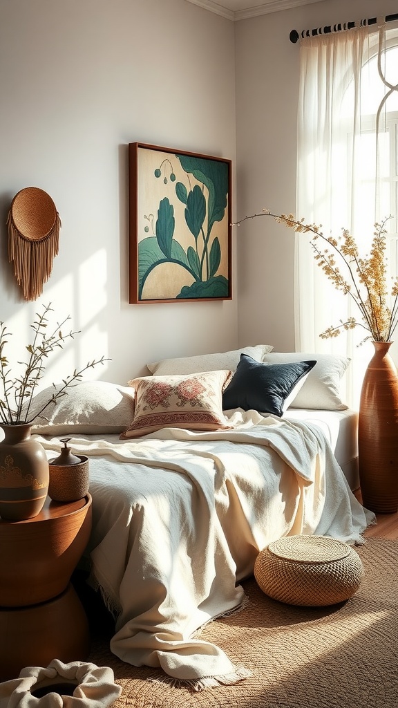 A cozy boho bedroom featuring Kintsugi art decor with a warm color palette.