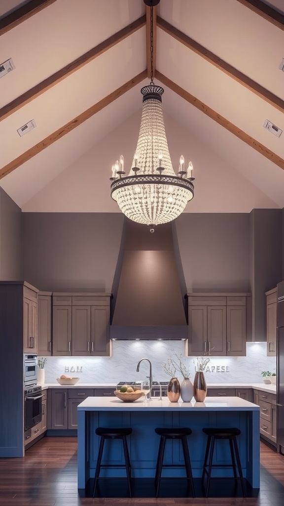 A modern kitchen with a striking chandelier hanging from a vaulted ceiling, illuminated softly, showcasing elegant cabinetry and countertops.