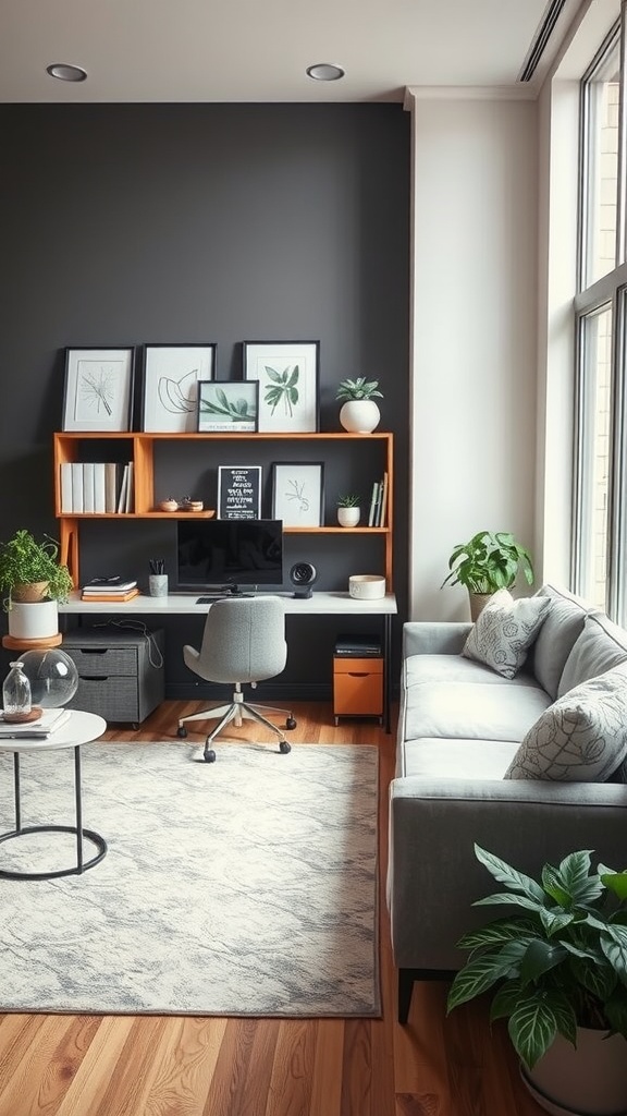 A modern home office featuring an L-shaped couch, desk, plants, and decor.