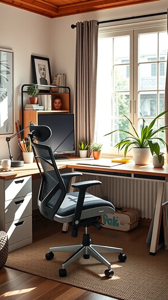 An inviting home office with an L-shaped desk, ergonomic chair, and natural light from a large window.