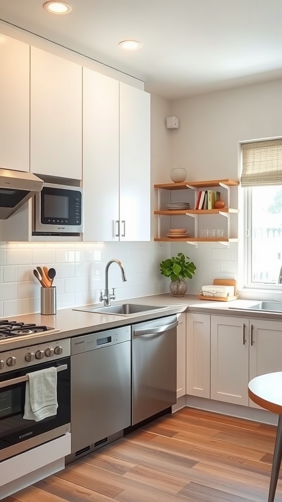 L shaped small kitchen with modern appliances and open shelving