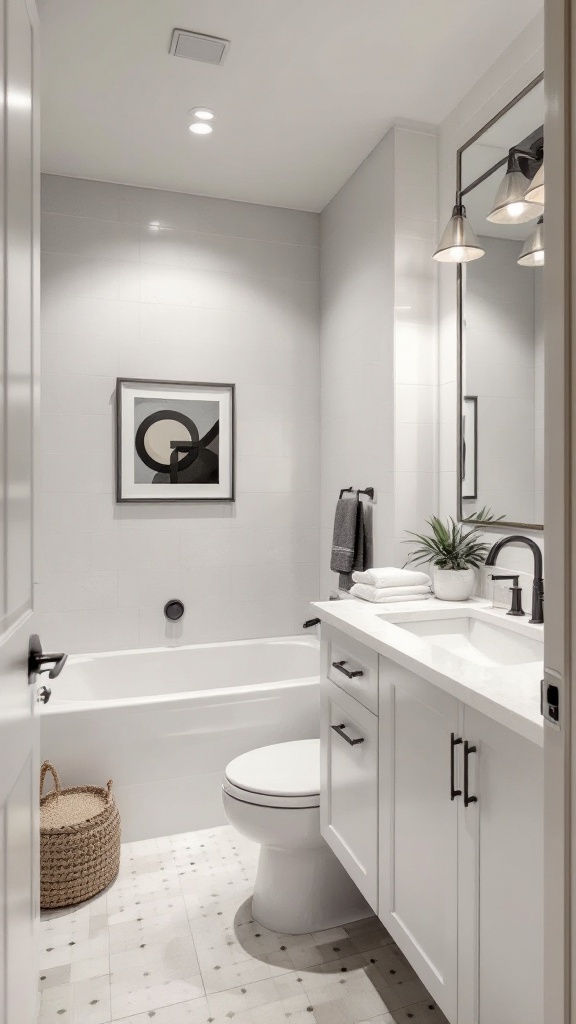 A simple bathroom design with white tiles and a colorful piece of artwork on the wall.