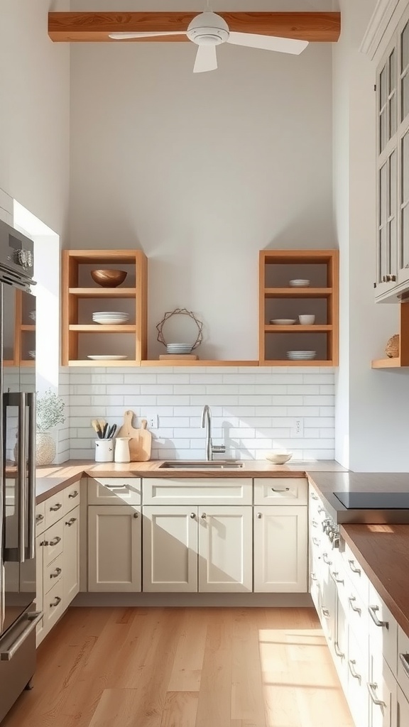 A cozy farmhouse kitchen featuring ladder shelf cabinets with wooden accents and white cabinetry.