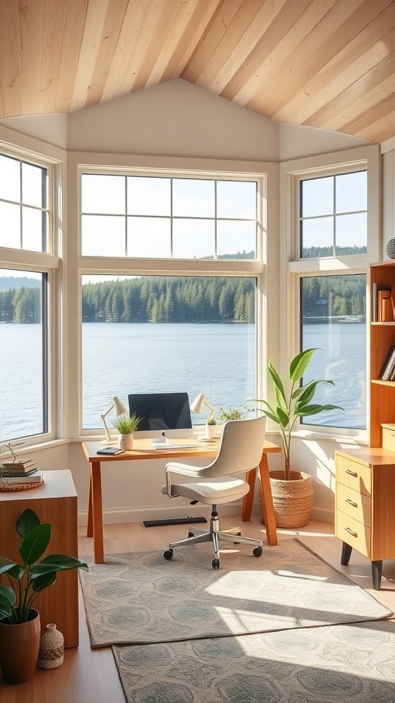 A cozy home office with large windows overlooking a lake, featuring a wooden desk, ergonomic chair, and potted plants.