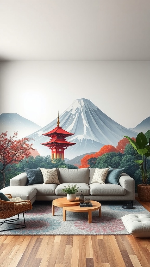 Living room with a large mural of Mount Fuji and a pagoda, featuring cozy furniture and a stylish atmosphere.
