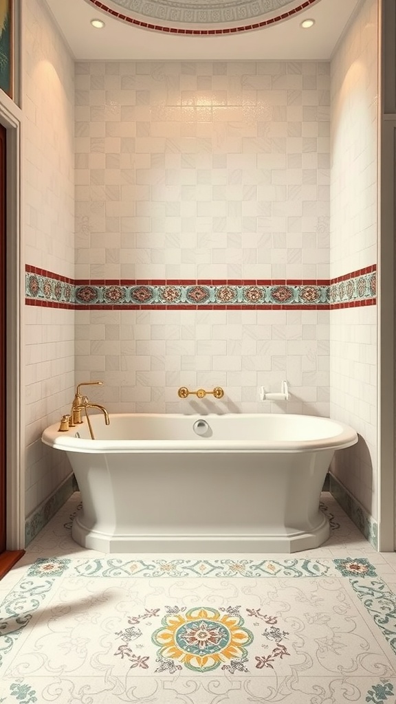 A luxurious white bathtub with golden fixtures surrounded by elegant tile decor, embodying 70s bathroom style.