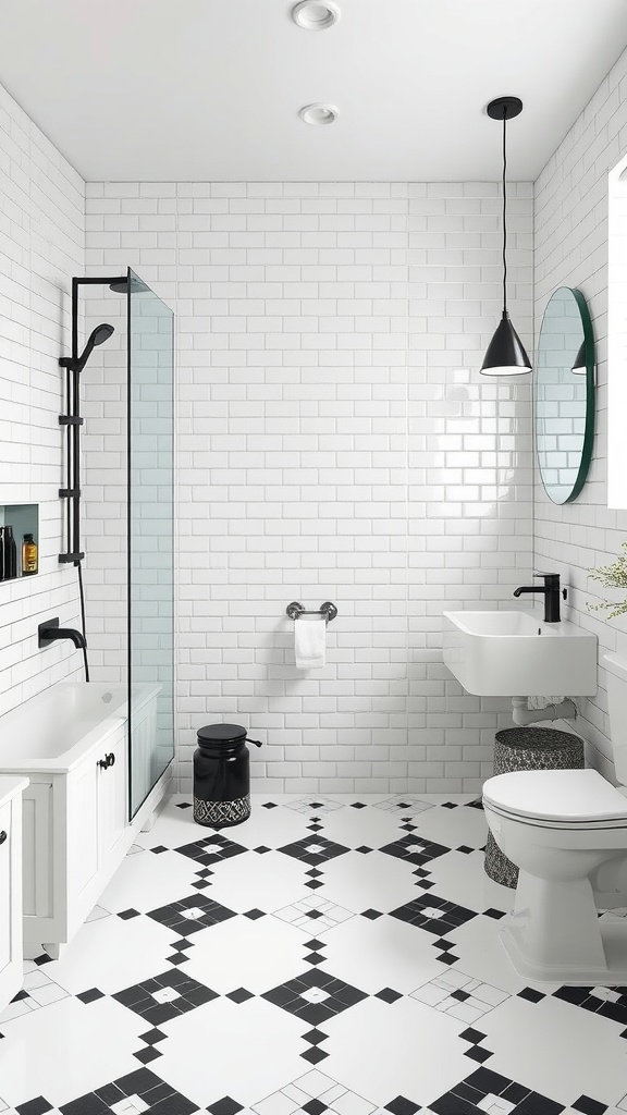 A modern bathroom featuring white subway tiles on the walls and a patterned black and white tile floor, with stylish fixtures.