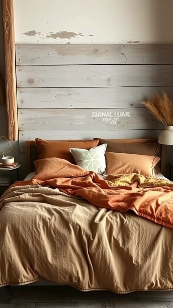 A cozy rustic styled bedroom with layered bedding in warm tones.