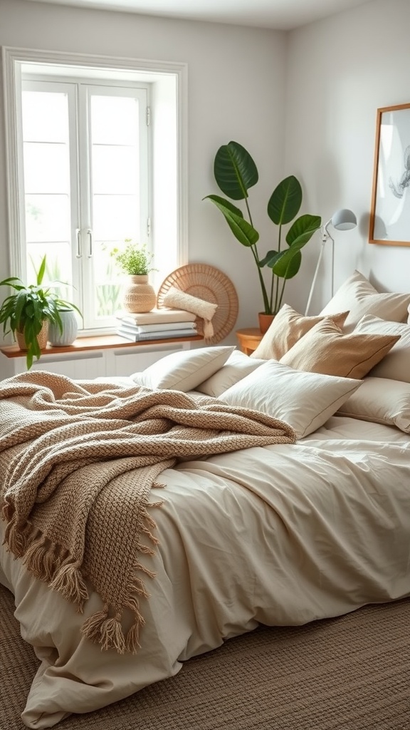 A cozy bedroom featuring layered bedding in neutral tones with a knitted blanket, decorative pillows, and plants by the window.