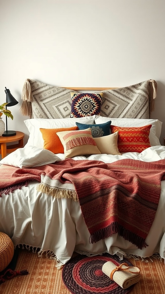 A cozy Boho bedroom with layered bedding featuring a white duvet, patterned throw pillows, and a textured blanket.