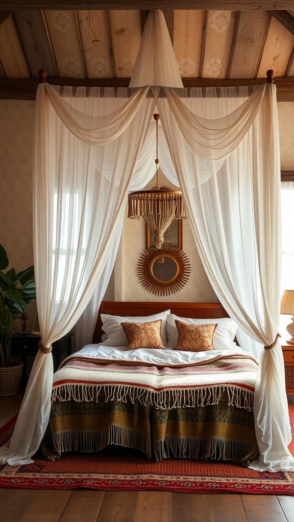 A serene Boho bedroom featuring a canopy bed draped with sheer fabrics, creating a cozy and inviting atmosphere.