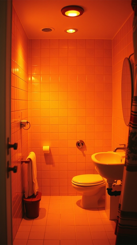 A warm-lit 70s inspired bathroom with orange tones and layered lighting.