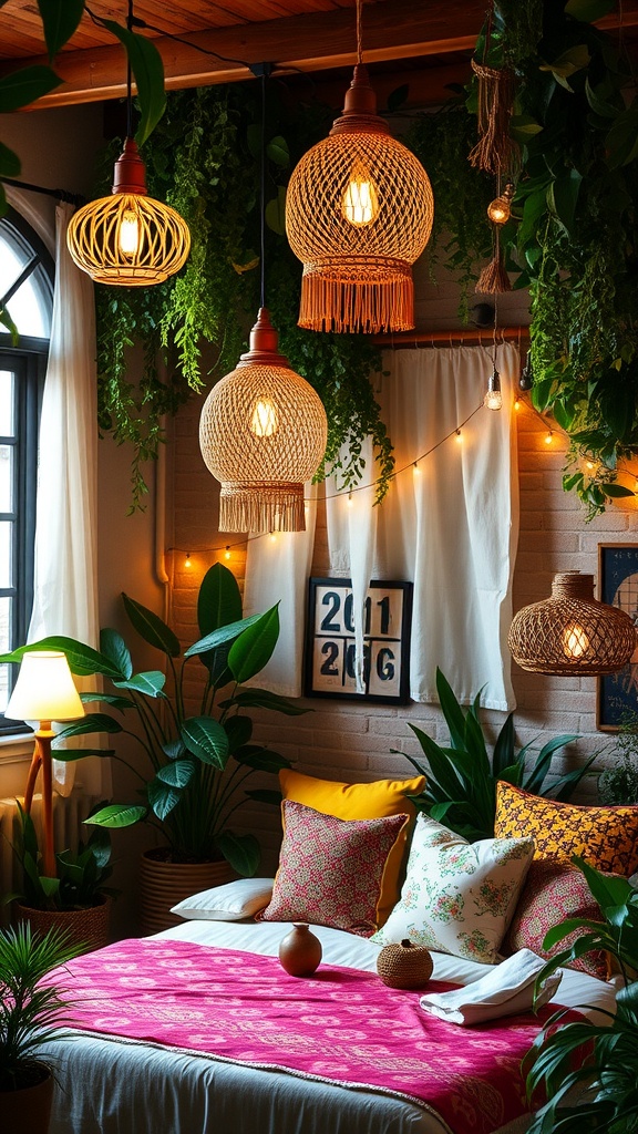 A cozy Boho Jungle themed bedroom with layered lighting featuring woven pendant lights, string lights, and a floor lamp surrounded by plants.