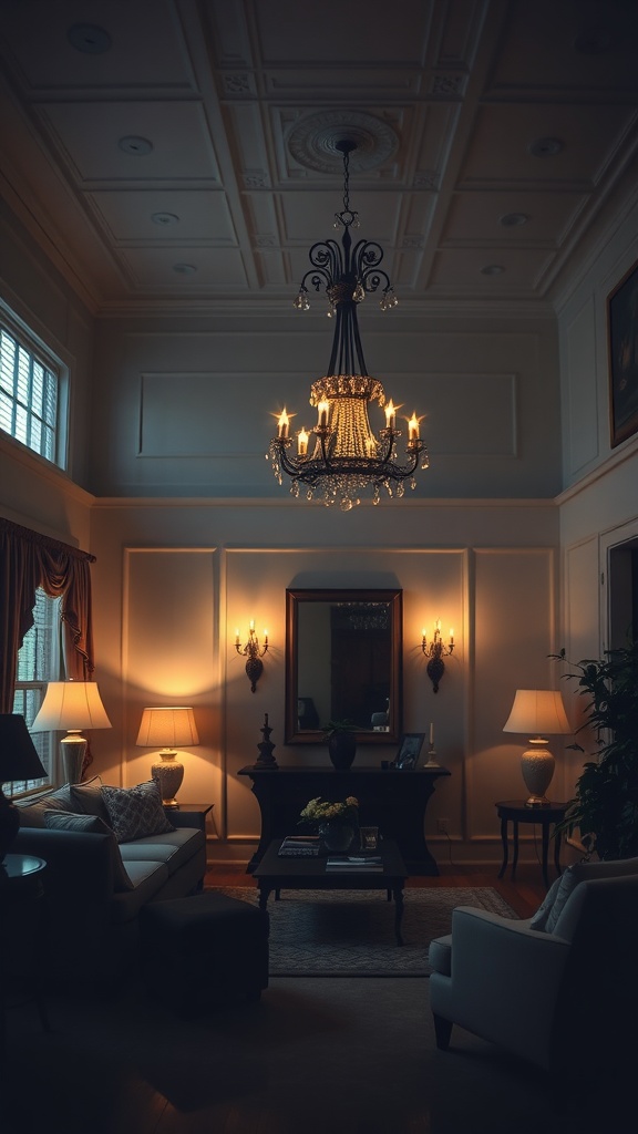 Elegant living room with layered lighting featuring a chandelier, wall sconces, and table lamps.