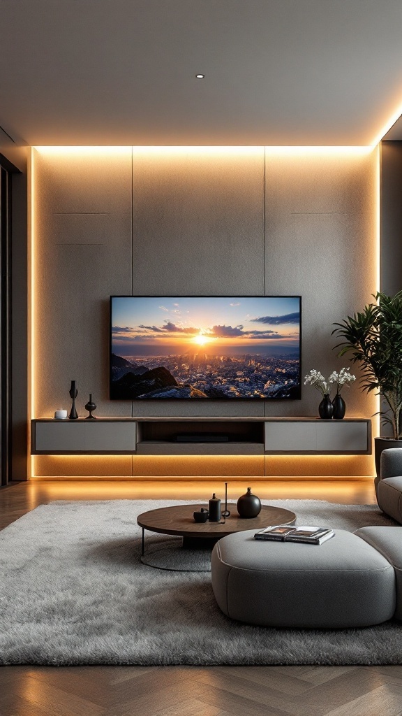 A stylish living room featuring layered lighting around a modern luxury TV wall design.