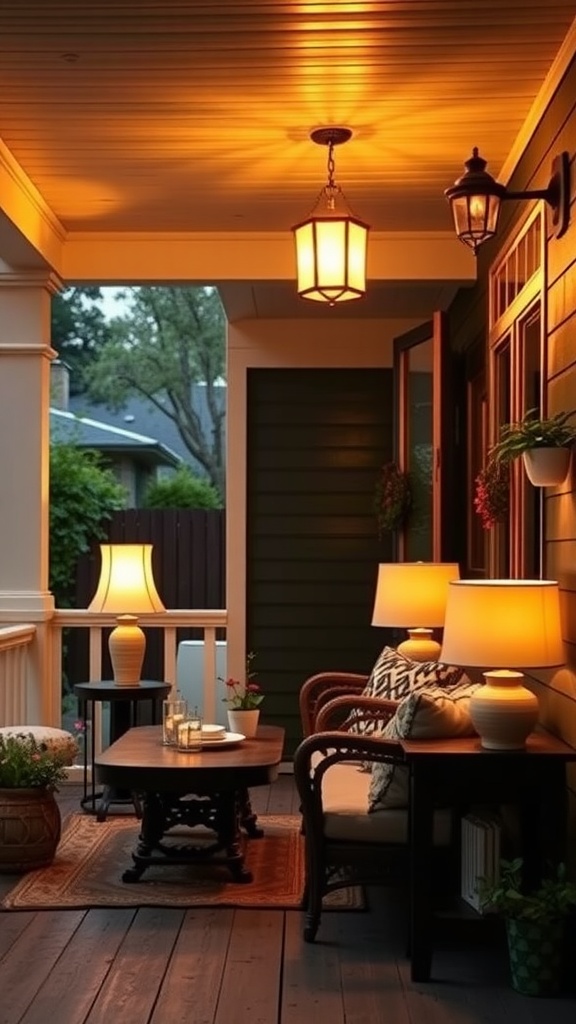 Cozy Boho back porch with layered lighting featuring table lamps and ceiling lanterns.