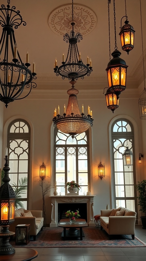 A living room featuring a large chandelier and ornate lanterns, blending Mediterranean and Gothic styles.